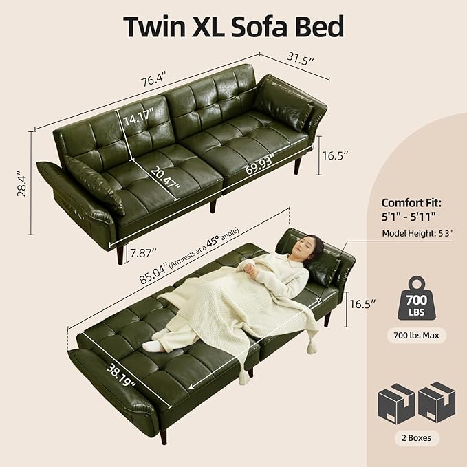Futon Sofa Bed Sleeper Sofa Small Couch with Storage Adjustable Armrests Pillows Faux Leather Loveseat Mid Century Modern Couches for Living Room Bedroom Apartment Olive Green