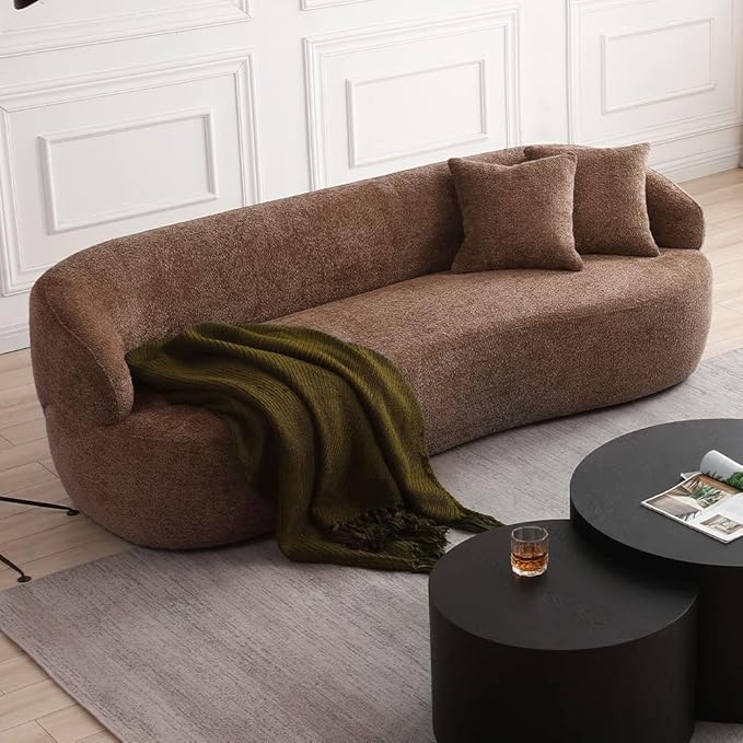 WILLIAMSPACE 86 Curved Sofa Modern Upholstered Boucle Curved Couch with Two Throw Pillows 3-Seat Sofa Couch for Living Room Apartment (Brown)