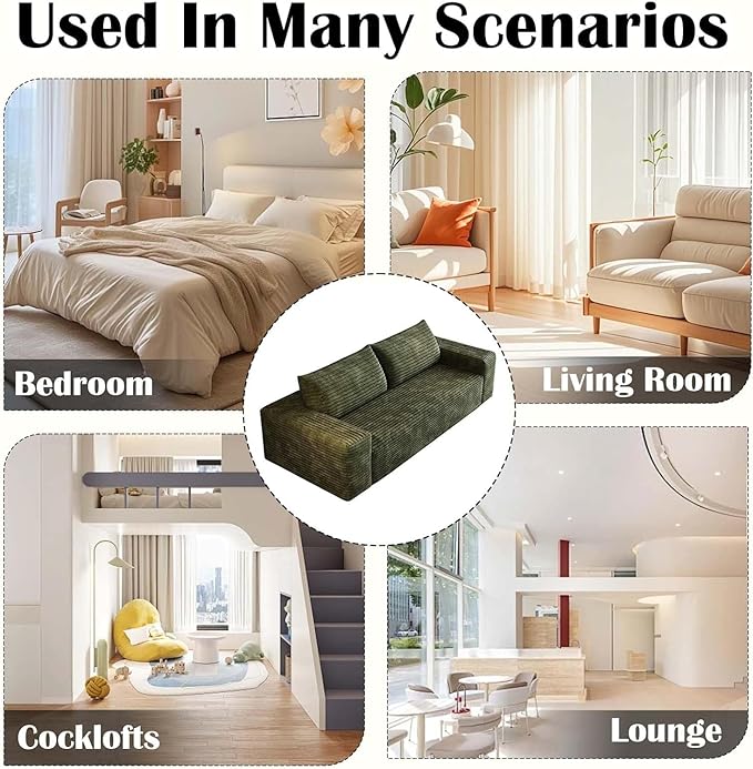 71 Cloud Boneless Loveseat Sofa Couch Bean Bag 3-Seater Couch with Memory Foam Corduroy Comfy Floor Sofa Deep Seat for Living Room Bedroom Apartment No Assembly (Green)