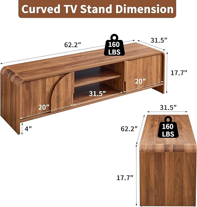 BERRYMERRY 63'' TV Stand for Up to 75 TVsMCM TV Console Table with Big Arched HandleTelevision Stands Entertainment Media Center with Sliding Door for Living Room Bedroom (Walnut)
