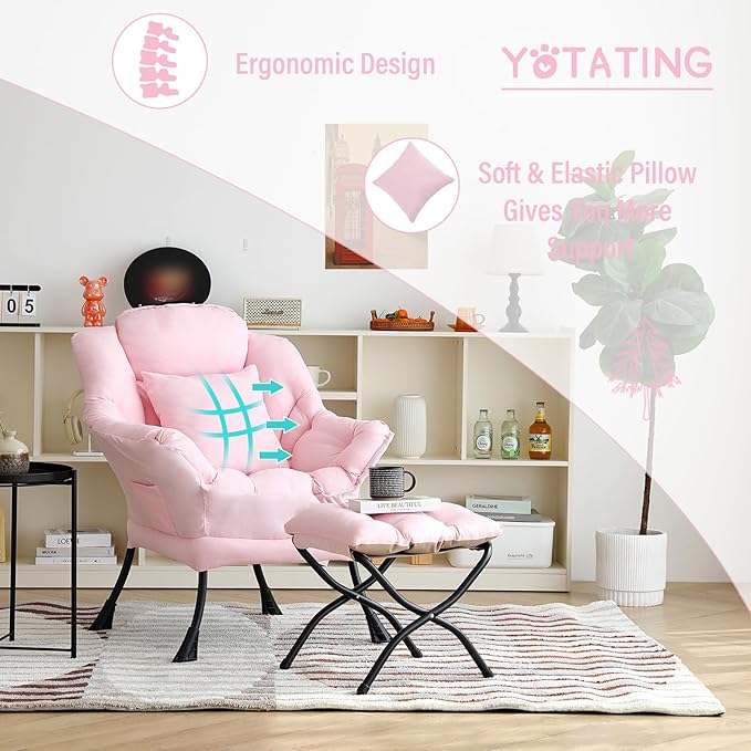 Lazy Chair with Ottoman Comfy Reading Lounge Chair with Footstool &amp Throw Pillow Modern with Armrests &amp Side Pocket for Living Room Bedroom Dorm Room Pink