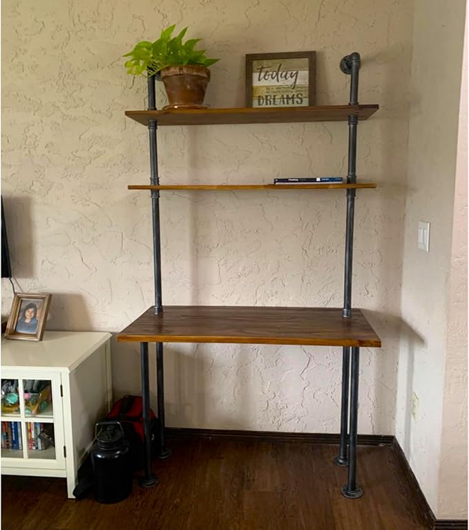 Industrial Wall Mount Desk with Shelves 3-Shelf Ladder Desk Computer Writing Table for Small Spaces Black and Brown Modern Narrow Floating Table with Storage (13 Dx39.4 Wx79 H)