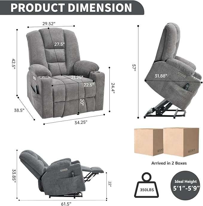 Power Lift Chair with Massage &amp Heat Electric Recliner Chairs for Adults Remote Control Sofa for Living Room Standing Assistance USB Ports Stainless Steel Cup Holders (Light Grey)