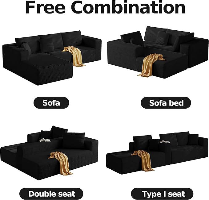 CHORRO108''Sectional Boneless Cloud SofaModern Modular L-Shape Couch for Living RoomCorduroy Convertible Sponge Sleeper SofasUpholstered Lougne Chaise Couchs-with Soft Pillow(BlackLeft Chaise)