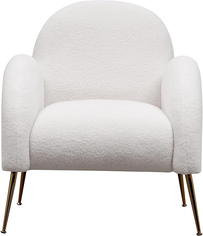 Accent Upholstered Single Chair White Sherpa Armchair with Golden Legs for Living Room Bedroom Office