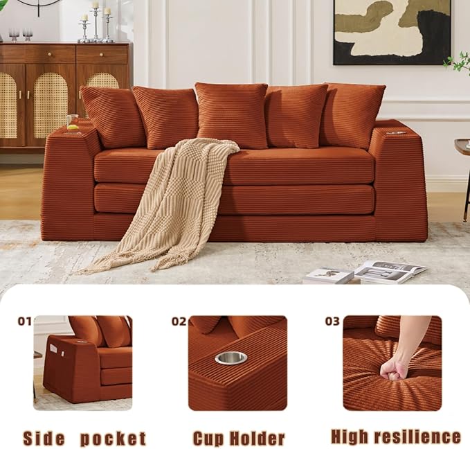 82.25 Convertible Loveseat Sleeper Sofa Bed with Side Pocket 2 in 1 Corduroy Pull Out Bed with 5 Pillows Boneless Couch with 2 Cup Holders and Wide Armrest No Assembly Orange