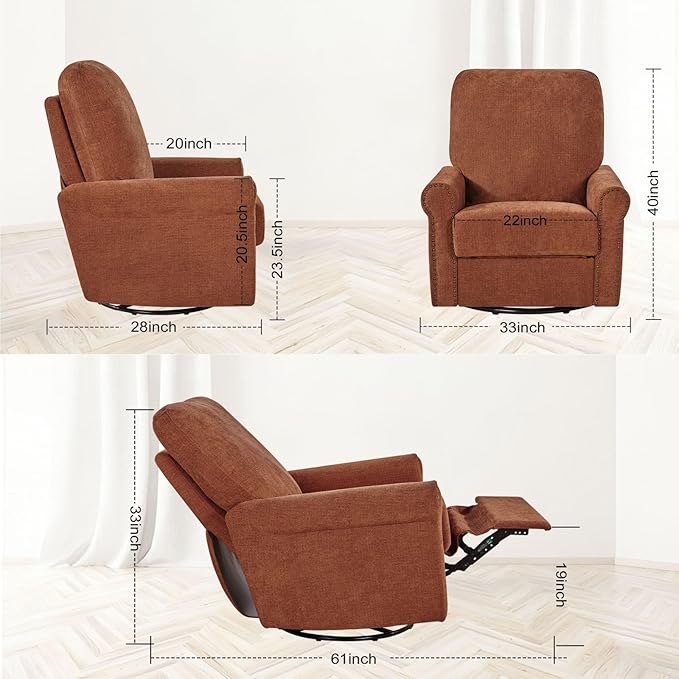 360° Swivel Rocker Recliner Chair with Upholstered Backrest Small Rocking Recliner for Small Spaces Chenille Fabric Glider Recliner Nursery Chair (Chenille-Red One Chair)