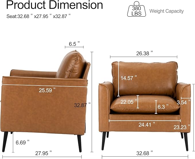 Okeysen Mid-Century Modern Leather Armchairs Comfy Upholstered Accent Chairs for Bedroom or Living Room Oversized Single Sofa Chairs for Reading and Waiting Areas