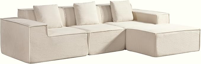 Rowan Convertible Corduroy Sectional Couch with Ottoman &amp Pillows Modular L Shaped Sleeper Sofa Boneless Cloud Couch for Living Room Furniture Beige