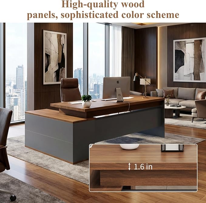 70.8 L-Shaped Executive Desk with File Drawers and Storage Cabinet Modern Large Office Desk Computer Workstation Walnut &amp Gray (Walnut &amp Gray 70.87IN)