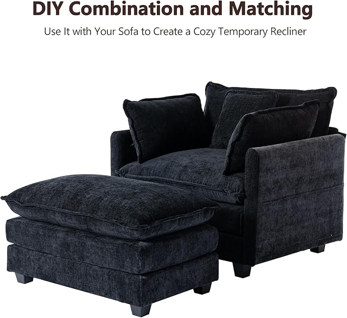 SweetGO corporation 40 Chenille Lounge Chair for Reading Modern Couch Cozy Sofa Bed Upholstered Living Room Single Sofa Accent Chair with Ottoman Black