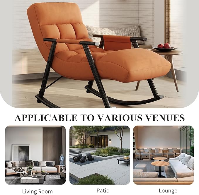 NIOIIKIT Nursery Rocking Chair Velvet Upholstered Rocker Chair with Adjustable Back&ampFootrest Reclining Glider Chair with Side Pocket Tufted Glider Rocker Armchair for Living Room (Orange Velve