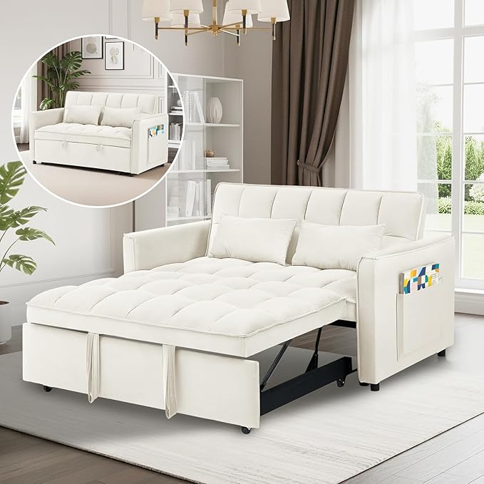 3 in 1 Convertible Sofa Bed Pull Out Couch with Adjustable Backrest Velvet Sleeper Sofa Loveseat with Pillows and Side Pockets for Living Room Bedroom Apartment Beige