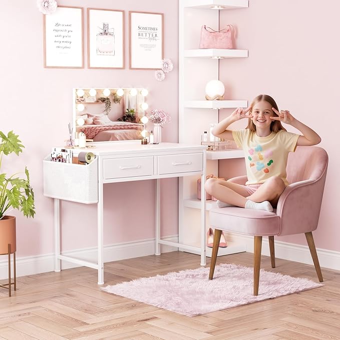 DLisiting White Desk with Storage Drawers - 39 Inch Small Computer Desk with Drawers for Bedroom Home Office Study Writing Vanity Table Without Mirror for Girls Small Spaces