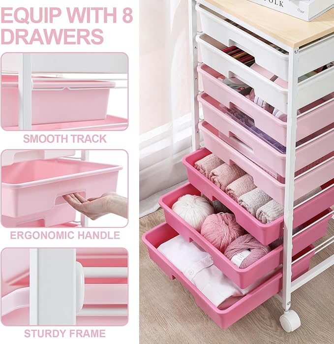 Rolling Cart with DrawersStorage Cart with 8 Drawers and Wooden TabletopUtility Cart for Living RoomClassroom BedroomBathroomDormOfficeRose Pink