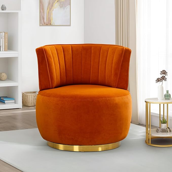 SLEERWAY 360° Swivel Barrel Chair Modern Velvet Round Accent Chair Comfy Upholstered Small Armchair with Gold Metal Base for Living Room Bedroom Nursery Office Sillas para Sala Orange