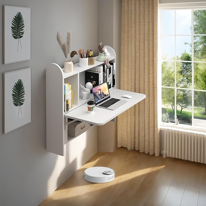 Wall Mounted Drop-Leaf Table Floating Laptop Desk Folding Table with Shelves Multifunctional Computer Workstation with Storage Compartments in Home Office for Space Saving (White)