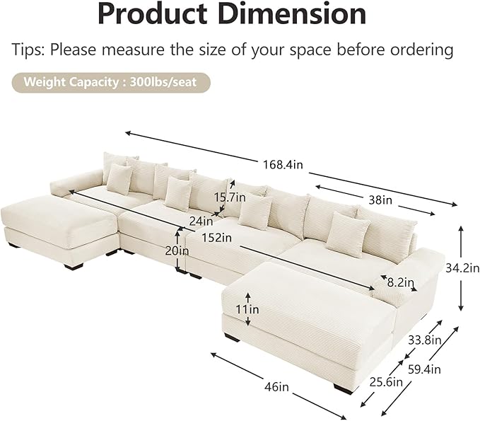 168 Corduroy Sectional Couches for Living Room Beige Comfortable Oversized Sectional Sofa Set with Deep Seat Large 4 Seater with 2 Ottoman Sofas para Sala U Shaped Couch with Chaise Lounge
