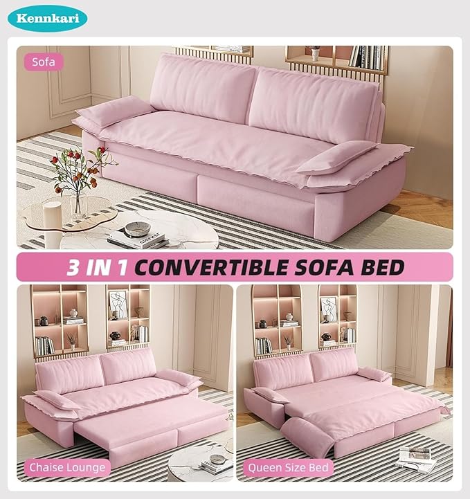 73.2 Queen Size 3-in-1 Convertible Pull Out Sofa Bed with Wheels Multi-Functional Velvet Loveseat Bed for Living Room and Bedroom (Pink)