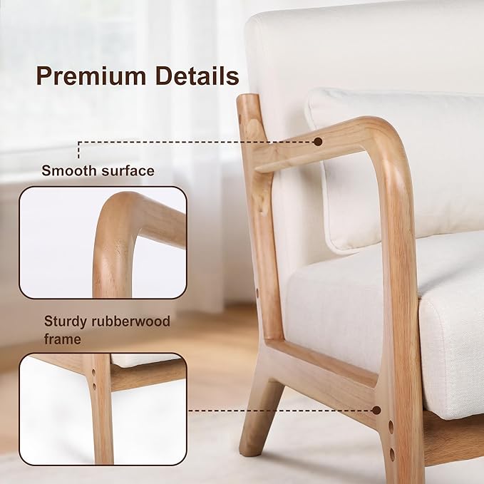 Mid Century Accent Chair Comfy Arm Chair with Solid Wood Frame Upholstered Modern Chair for Living Room Bedroom Waiting Room Beige