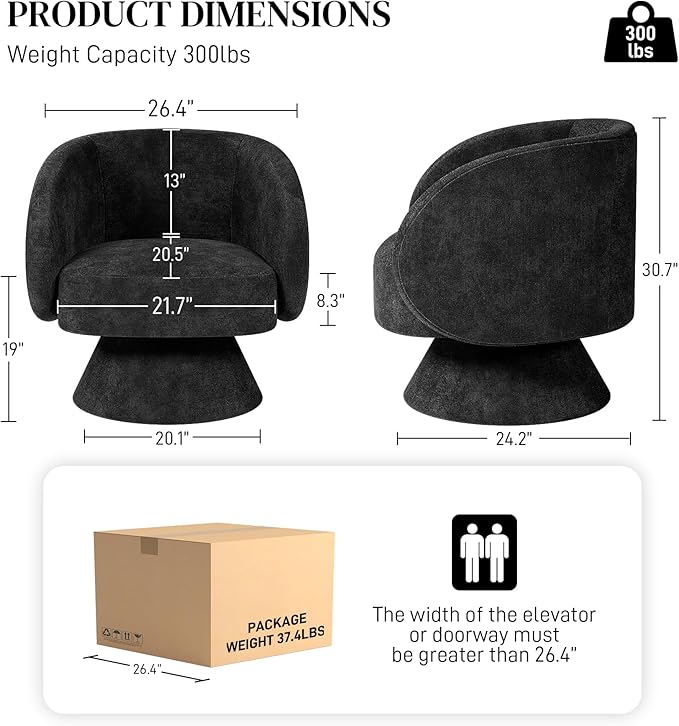 Swivel Barrel Chair Set of 2 Upholstered Swivel Cuddle Accent Chairs for Living Room Comfy 360 Degree Modern Small Round Armchair for Bedroom Office (Black Linen)