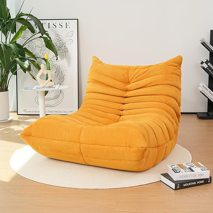 High-end Togo Bean Bag Chair Fireside Chair with Yellow Suede Fabric Cover Comfy &amp Soft Lazy Floor Lounge Sofa for Bedroom Living Room Office or Salon