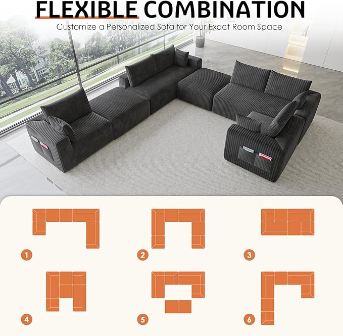 146 Oversized Boneless Couch Modular Sectional Couches for Living Room U-Shaped Deep Seat Chaise with Side Pockets No Assembly Required Plush Corduroy Fabric Sleeper Sofa Dark Gray