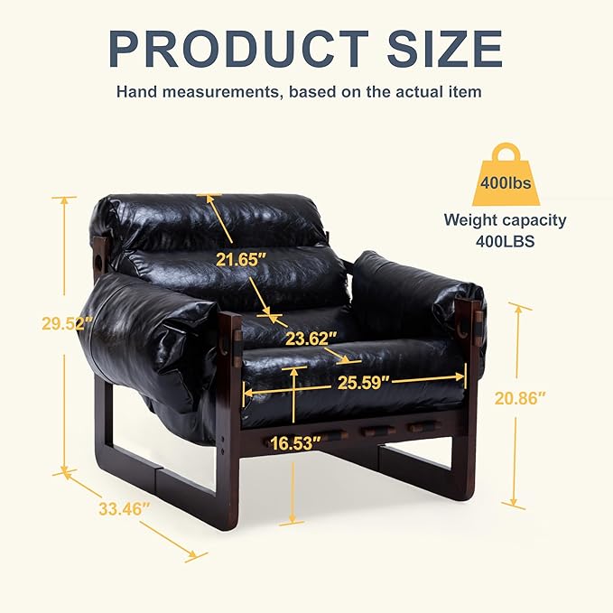 Modern Leather Accent Chair Mid Century Reading Chair with Solid Wood Frame and Removable Padded Armrests Upholstered Armchair with Soft Cushion for Bedroom Balcony Lounge Reading Room Retro Black