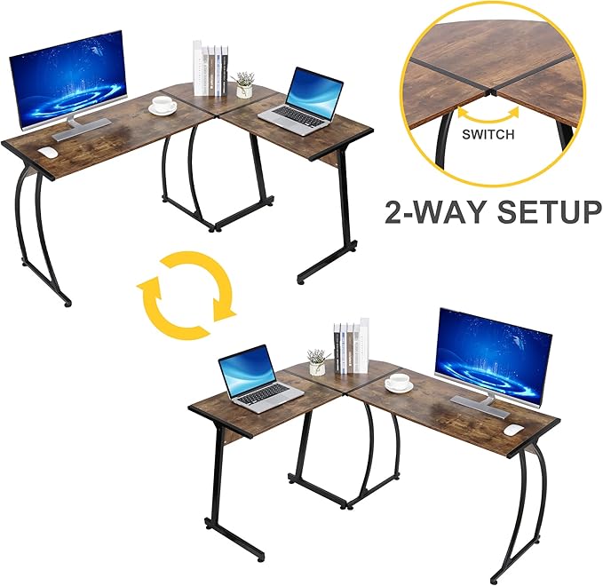 ZenStyle 55 L-Shaped Corner Computer Desk - Sturdy Steel Frame &amp Waterproof Surface Brown Wood Grain Design for Home Office Gaming &amp Multipurpose Workstation