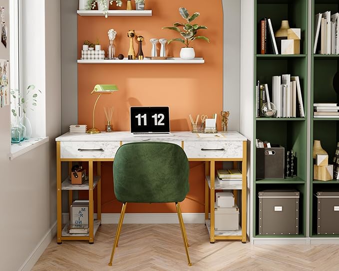 ODK Vanity Desk with 3 Fabric Drawers &amp Storage Shelves Makeup Dressing Table Home Office Desks for Bedroom Small Modern Writing Desk for Girls Bedroom White and Gold 48x16 (No Mirror)