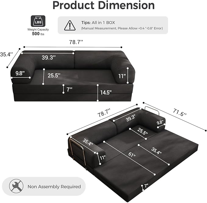 78.8 Convertible Sofa BedCorduroy Futon Couch Folding Pull Out Futon SofaNo Assembly Boneless Couch for Living Room