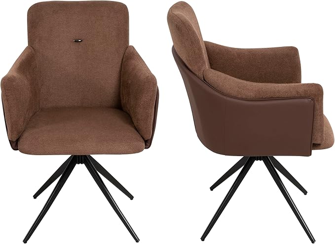 KEIKI 360° Swivel Home Office Desk Chairs Set of 2Modern Dining Chairs with Arm Upholstered Bedroom Chairs with Metal BaseMakeup Chair for Vanity Living Room Bedroom Dark Brown