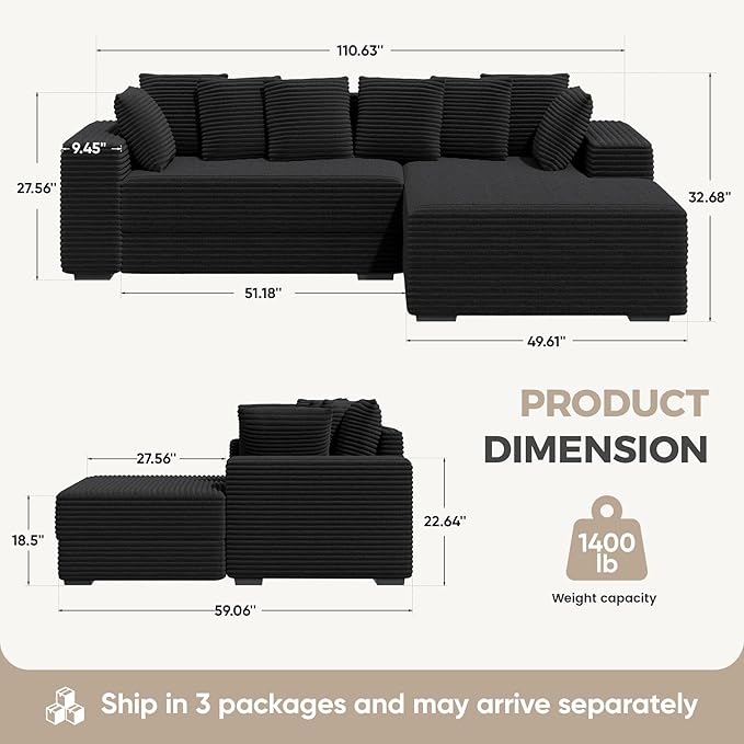111'' Modular Sectional Cloud Couches with Chaise L Shaped Extra Large Sleeper Couch Reversible Fluffy Corduroy with 8pcs Pillows for Living Room(Black Right Facing Chaise)