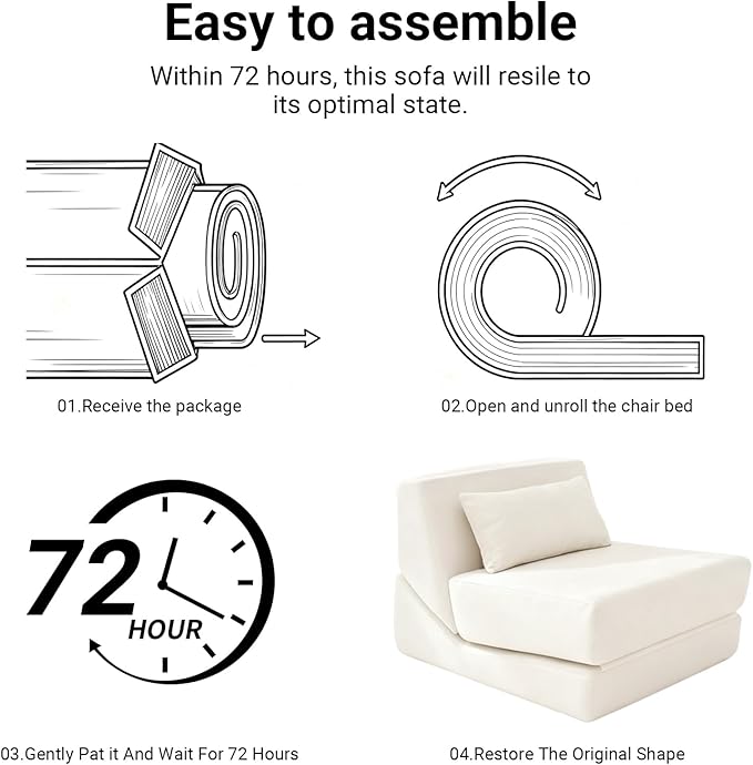 Folding Sofa Bed Chair 3 in 1 Convertible Sleeper Chair Bed w/Pillow Handle Floor Sofa Lounge w/Back Support &amp Removable Washable Cover for Living Room Bedroom Apartment (White) | Washable Cov