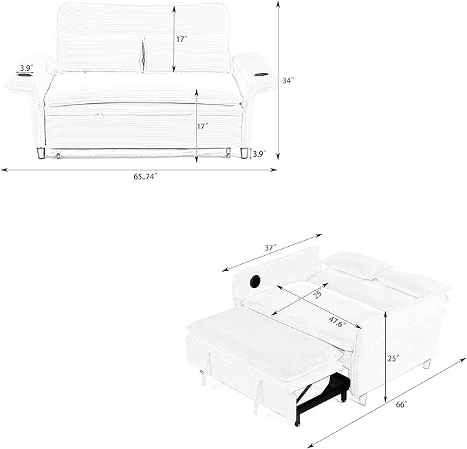 3 in 1 Convertible Sleeper Sofa Bed Loveseat Sleeper 65” Pull Out Couch Adjustable Armrest and Backrest with 2 Pillows for Living Room Bedroom (Green)