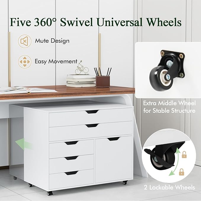 File Cabinet 5 Drawer Filing Cabinet with Door Mobile Storage Organizer Wooden Printer Stand on Wheels for Study Home Office Living Room White