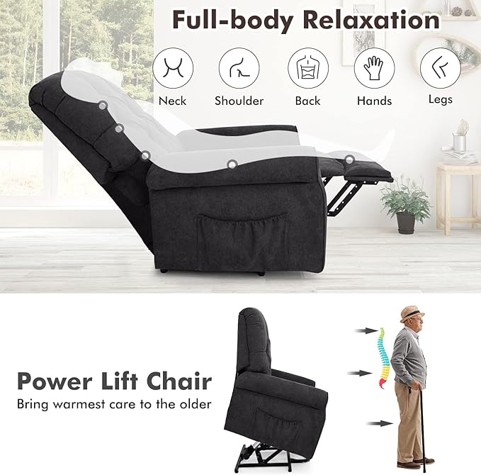 Giantex Power Lift Chair Electric Recliner for Elderly Adjustable Backrest Footrest Heavy Duty Motorized Living Room Chair Sofa with Side Pocket Remote Control Power Lift Recliner (Black)
