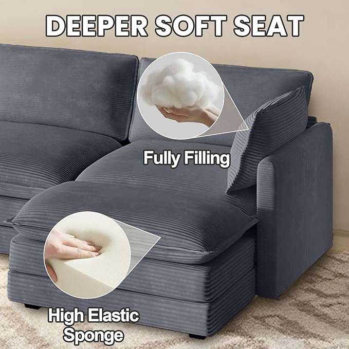 Modular Sectional Sofa 148 U-Shaped Sectional Couches for Living Room 6 Seat Modern Corduroy Cloud Couch with 2 Ottoman for Bedroom Office Apartment Dark Grey