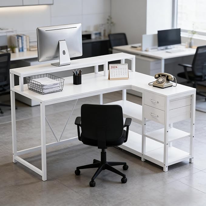 55 L Shaped Office Desk with Drawers &amp Storage Reversible Executive Office Desk with 4 Shelves Large Corner Computer Desk with Elevated Monitor Stand for Home Office Gaming (White)