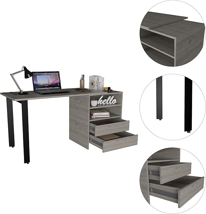 Light Gray 2-Drawer 2-Shelf Writing Desk - Home Office Desk &amp Storage Combo - Versatile Display &amp Organization