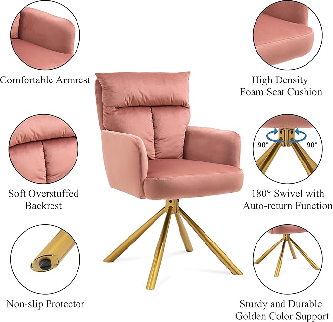 NORDICANA 180° Swivel Velvet Living Room Chair Modern Dining Armchair with Golden Legs Ergonomic Upholstered Accent Chair Single Sofa for Bedroom Reading Home Office Rose Pink