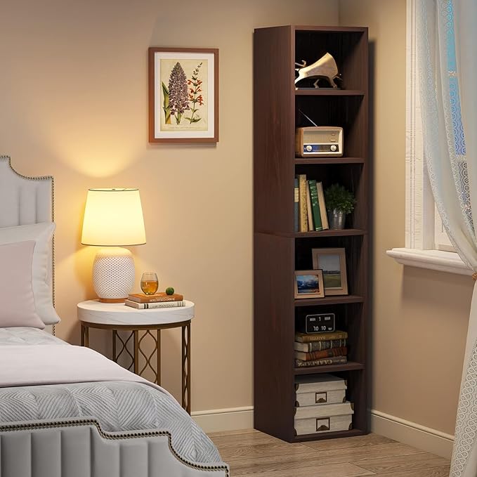 LITTLE TREE 70.9 Inch Tall Narrow Bookcase Set of 2 Modern Bookshelf 6 Tier Cube Display Shelf Storage Organizer for Small Space Brown