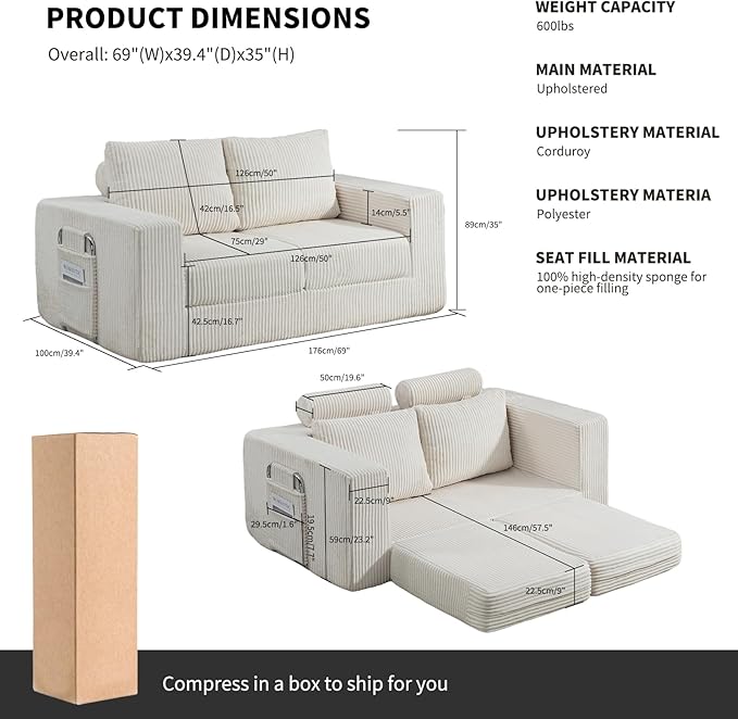 J.C.UP 69'' Convertible Sofa Bed Pull Out Loveseat Sleeper Sofa 2 Seater Boneless Folding Sofa Bed Floor Couch with Deep Seat Chaise Lounge for Living Room Bedroom No Assembly Required Beige