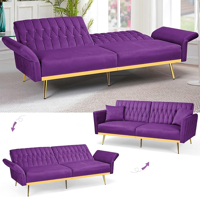70” Velvet Futon Sofa Bed with 2 Pillows and Adjustable Armrests Convertible Sleeper Bed W/Adjustable Backrests Modern Loveseat for Living Room Bedroom Purpel