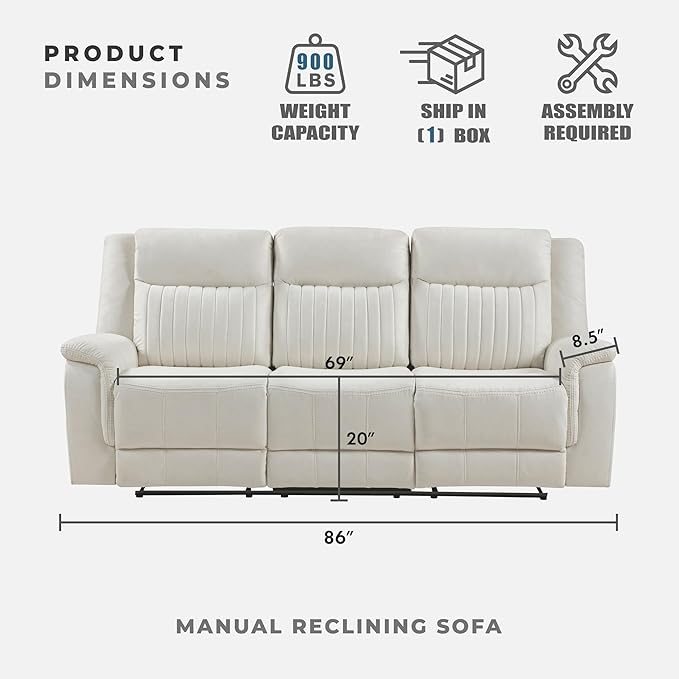 Lexicon Manual Double Reclining Sofa Polished Microfiber Upholstered 3 Seater Manual Sofa Recliner for Living Room Wall Hugger Easy Assembly Beige