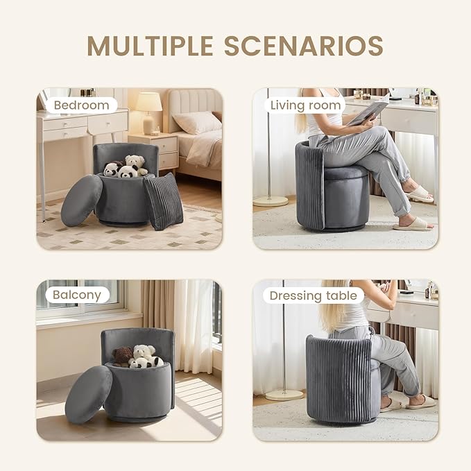 Velvet Vanity Chair with Storage 360° Swivel Round Storage Ottoman with Pillows No Assembly Modern Comfy Makeup Stool for Bedroom Dressing Living Room (Grey)