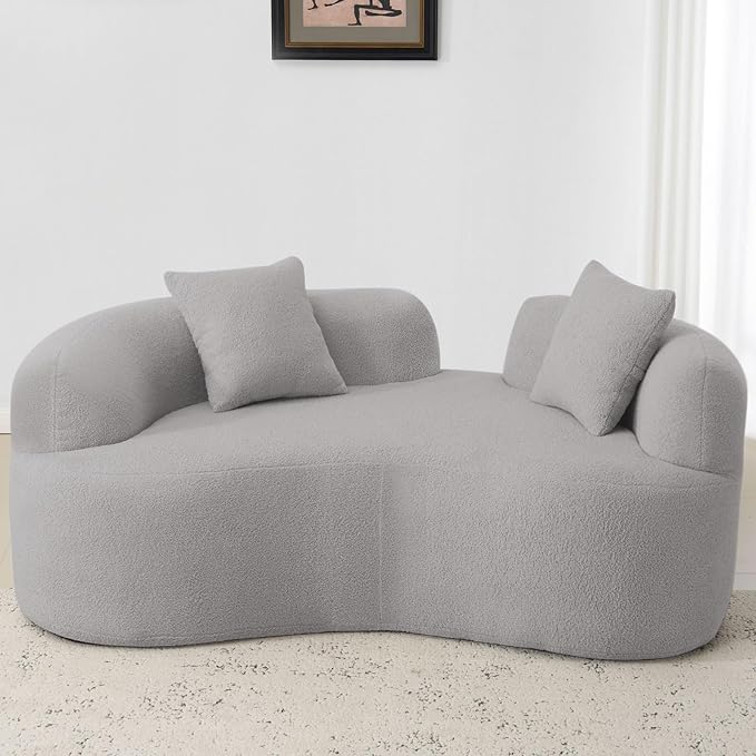 67 White Curved Loveseat with Round Armrest Round Couch in a Box Boneless Curved Sofa for Living Room Bedroom Small Space Teddy No Assembly Broken Design (Grey)
