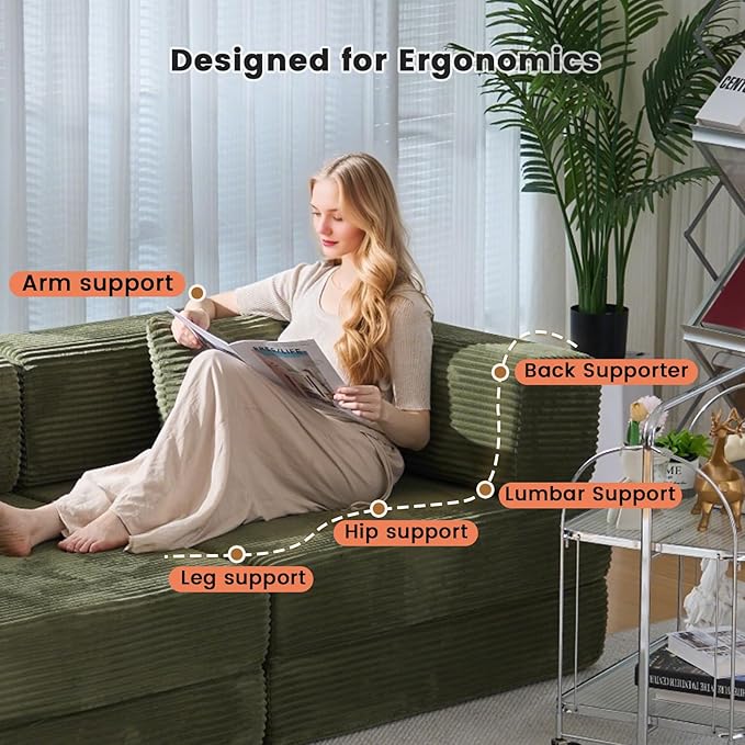 Convertible Sleeper Sofa Bed Corduroy Upholstered Green Modular Floor Couch Queen/King Size Foldable Futon with Memory Foam for Apartment Living Room Bedroom (Off White) (single-sided armrest 80.15)