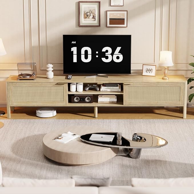 Rattan TV Stand for Living Room - Fits up to 80 Inch TVs Rattan Media Console Table with Adjustable Shelves &amp 2 Storage Cabinets Mid-Century Modern Entertainment Center Oak 71