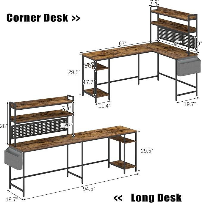 WiberWi L Shaped Desk Office Computer Corner Desk 67” Home Gaming Table with Power Outlet &amp LED Light Writing Study Workstation with Shelves &amp Pegboard Organizer for Home OfficeRustic Brow